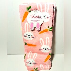 Kassafina Set of 2 Pink Kitchen Towels with Easter Bunny Rabbits and Carrots